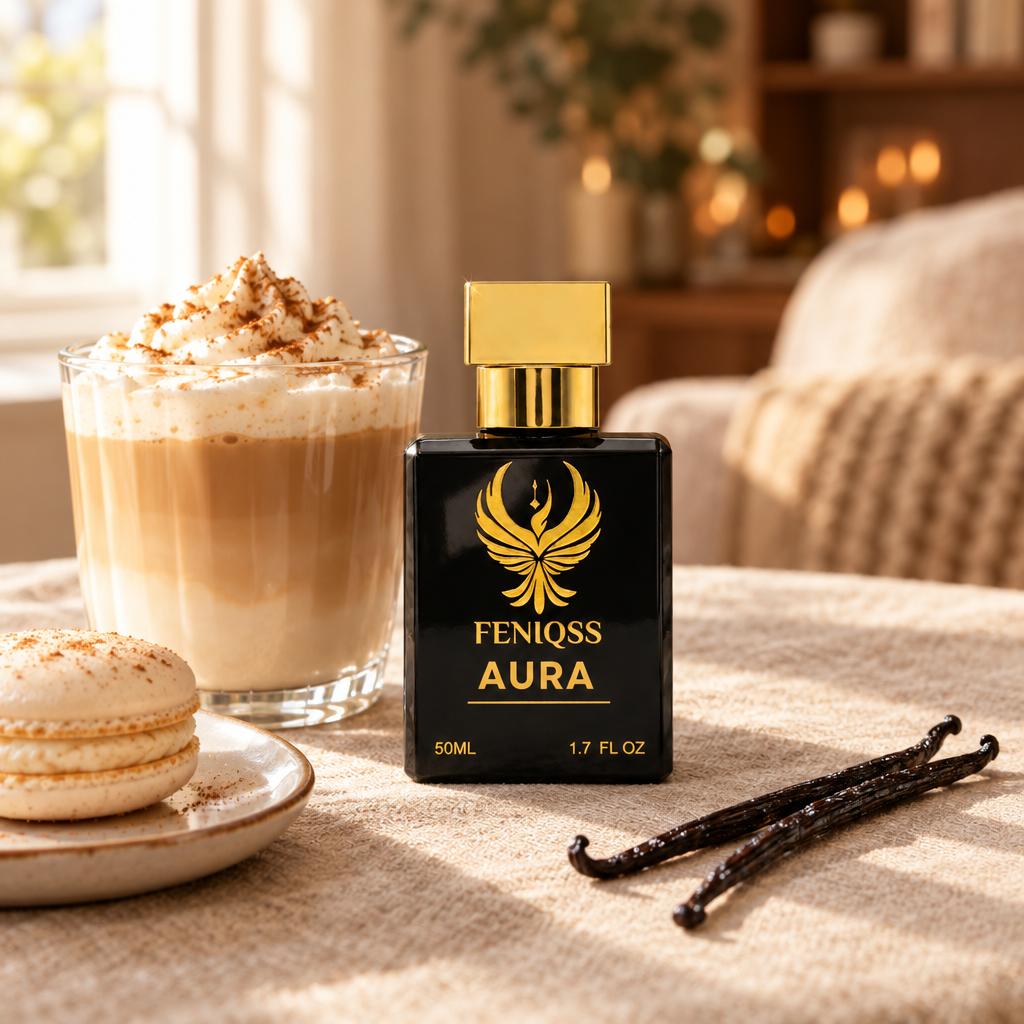 FENIQSS AURA bredvid en vaniljlatte