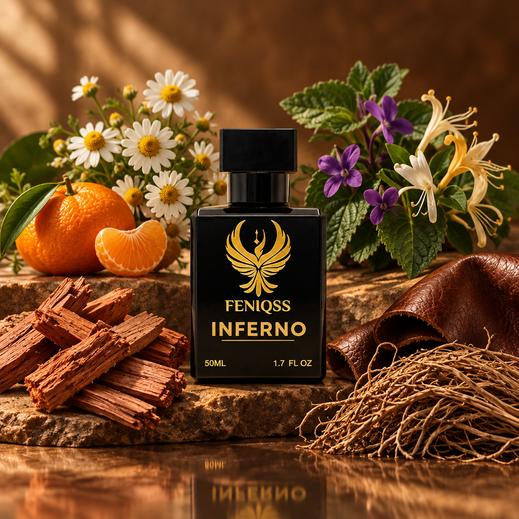 FENIQSS INFERNO doftnoter: kamomill, mandarin, violblad, sandelträ, läder, vetiver