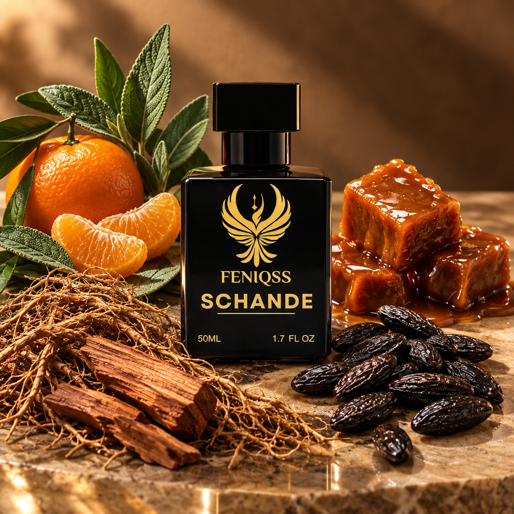 FENIQSS SCHANDE doftnoter: salvia, mandarin, karamell, tonkaböna, vetiver, cederträ