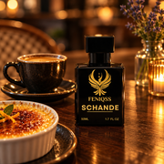 FENIQSS SCHANDE på ett kafébord med crème brûlée