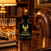 FENIQSS INFERNO på ett skrivbord bredvid whisky
