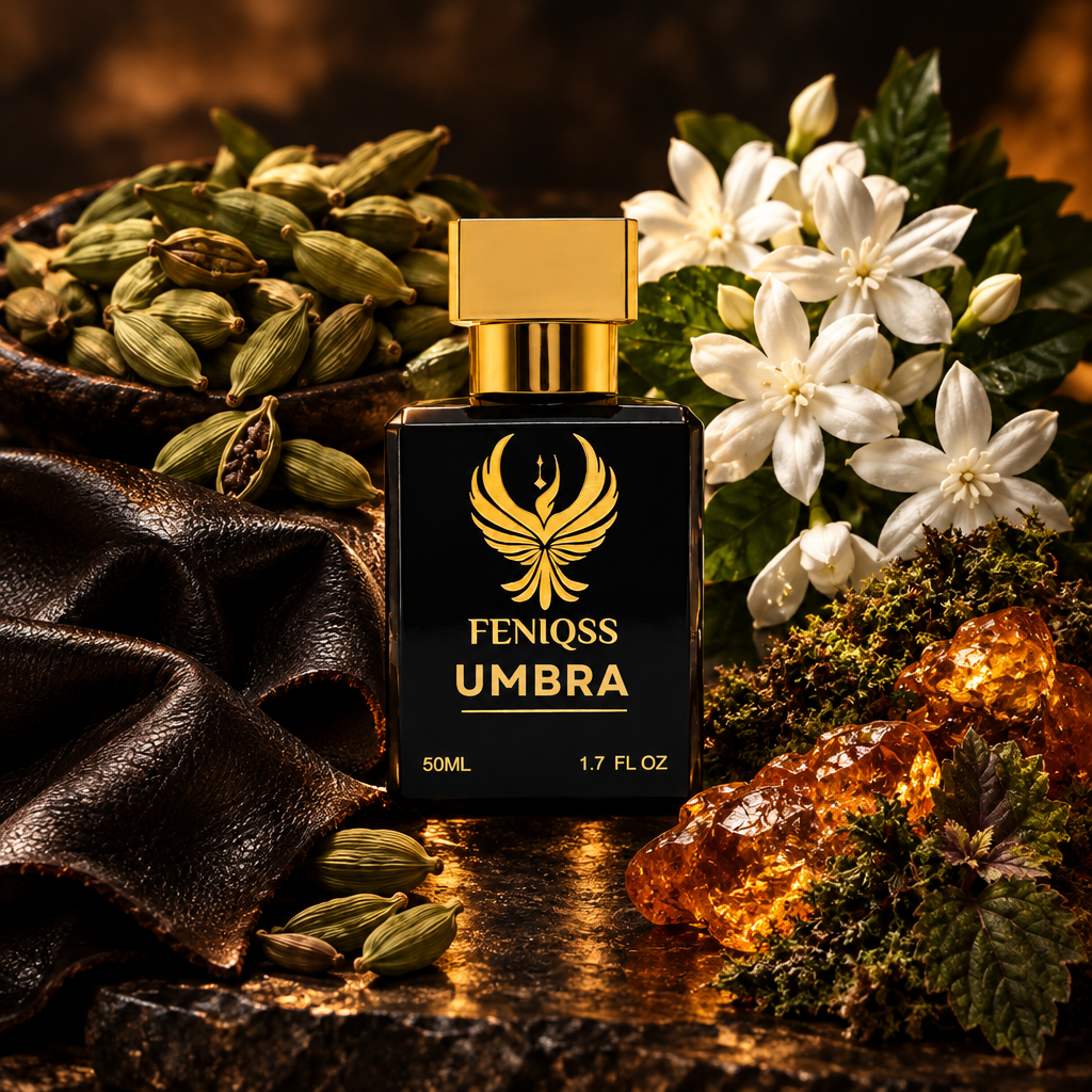 FENIQSS UMBRA doftnoter: kardemumma, läder, jasmin, bärnsten, patchouli, ekmossa