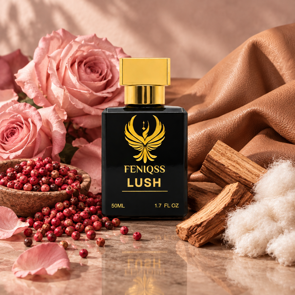 FENIQSS LUSH doftnoter: rosa peppar, ros, läder, mysk, sandelträ