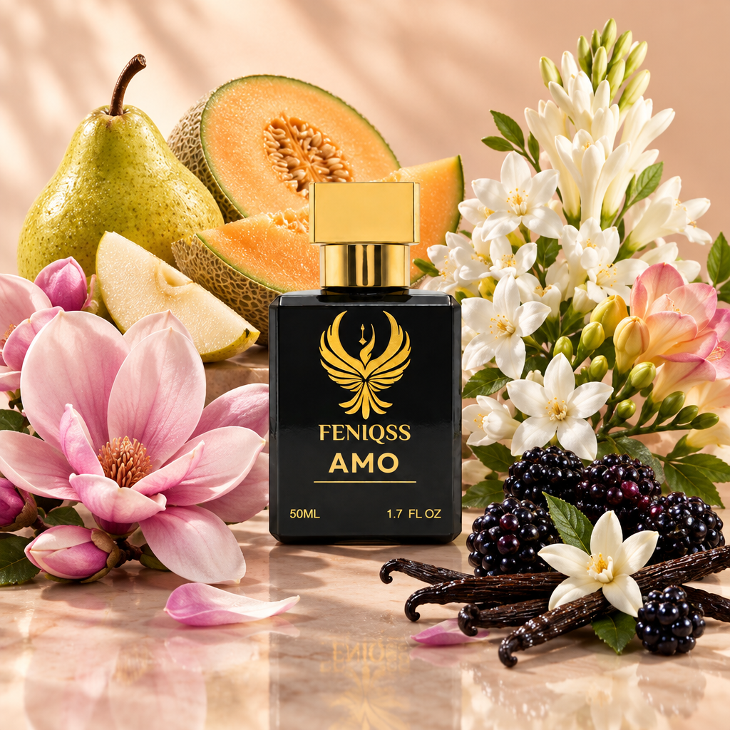 FENIQSS AMO doftnoter: päron, melon, magnolia, jasmin, tuberos, freesia, björnbär, vanilj