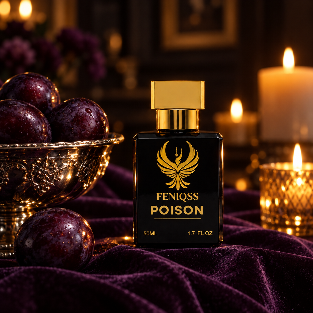 FENIQSS POISON på lila sammet med plommon och levande ljus