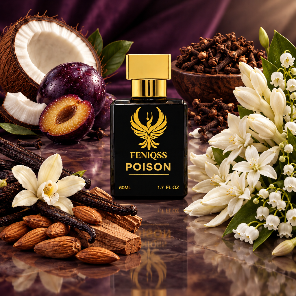 FENIQSS POISON doftnoter: kokos, plommon, kryddnejlika, tuberos, jasmin, vanilj, mandel