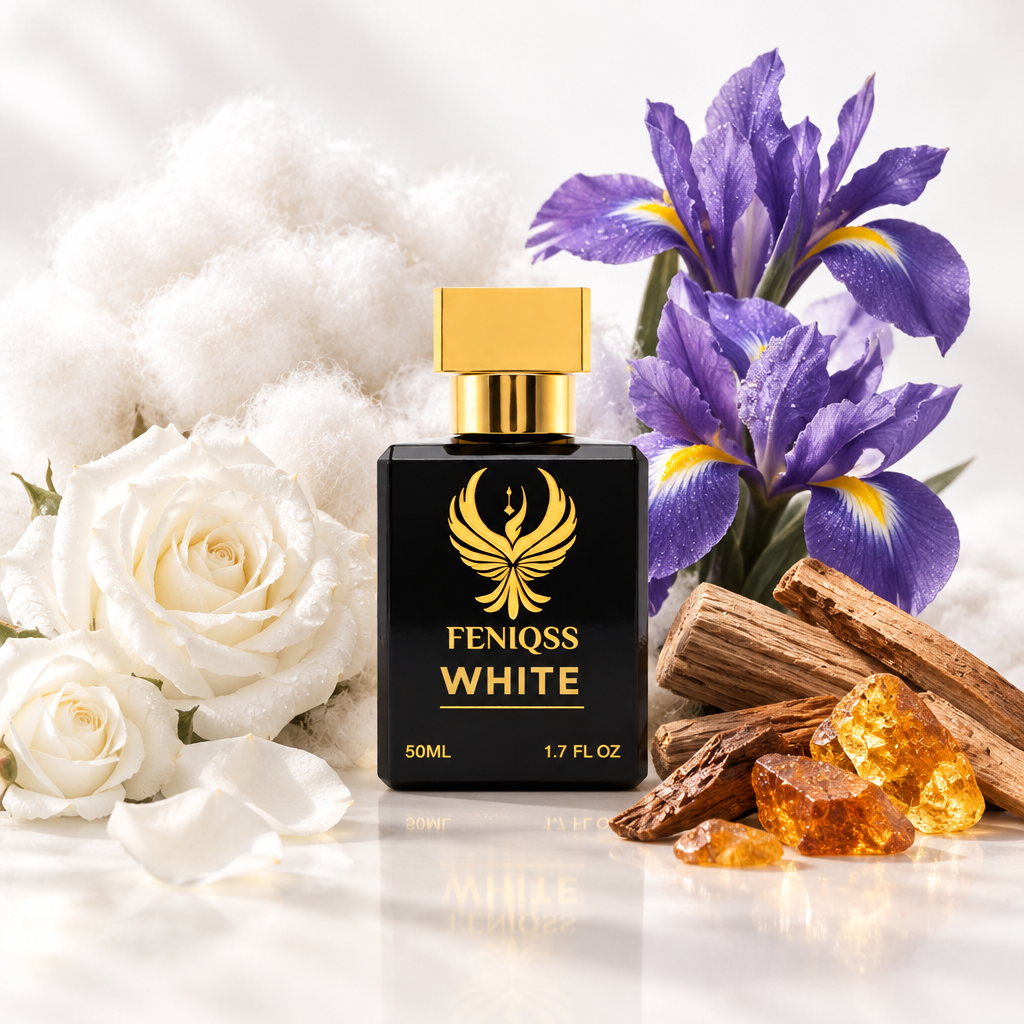 FENIQSS WHITE doftnoter: mysk, rena ackord, vit ros, iris, sandelträ, amber