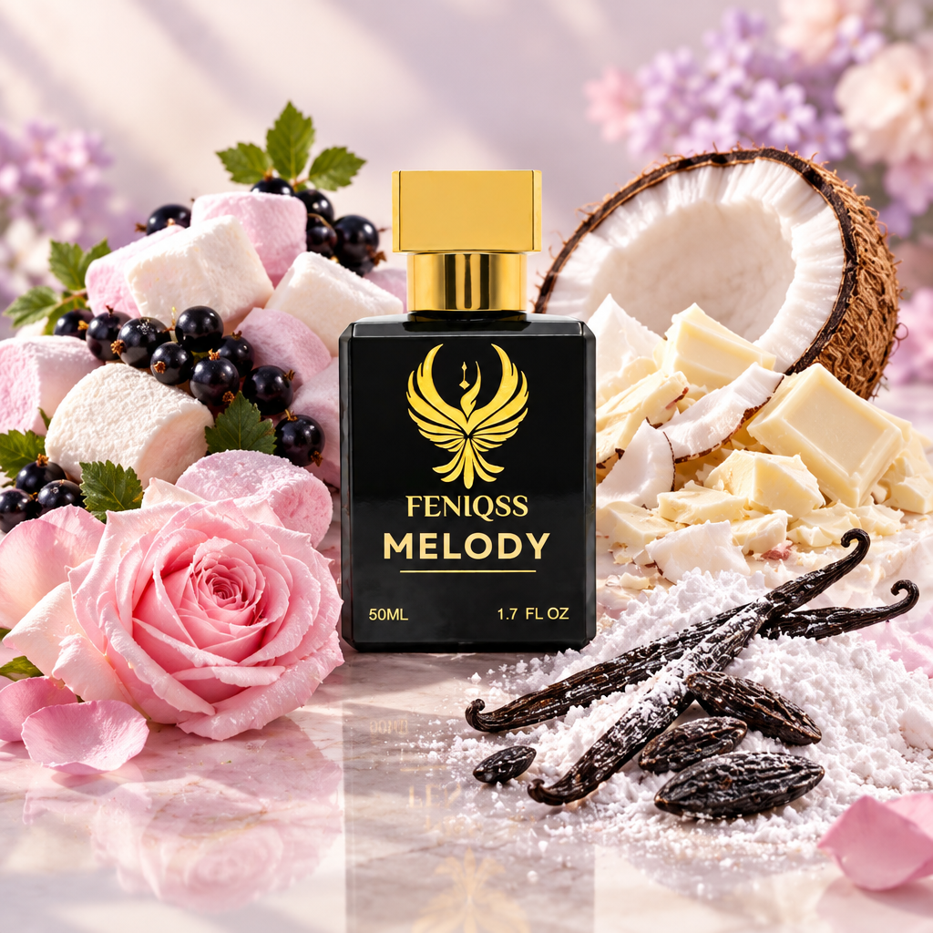 FENIQSS MELODY doftnoter: marshmallow, svarta vinbär, kokosmjölk, vit mocka, ros, pudersocker, vanilj