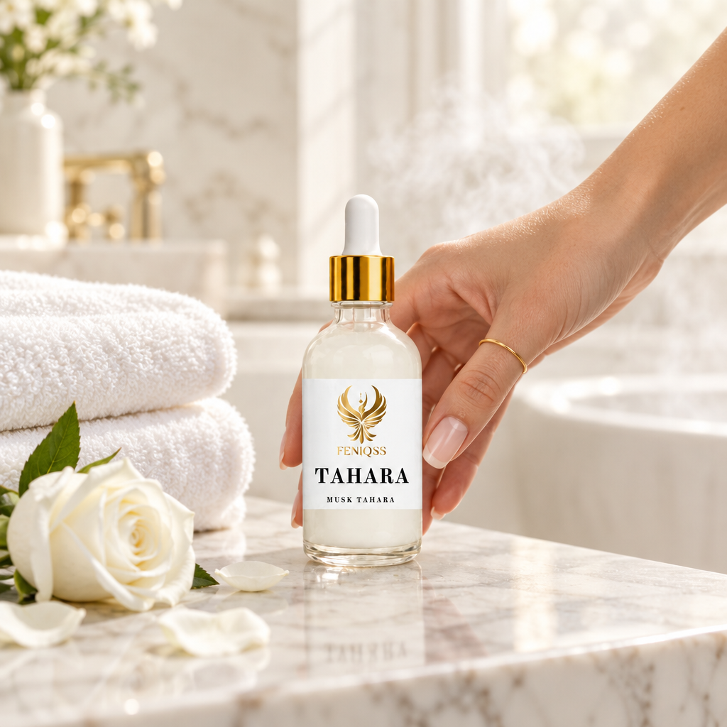 FENIQSS MUSK TAHARA i ett ljust marmorbadrum