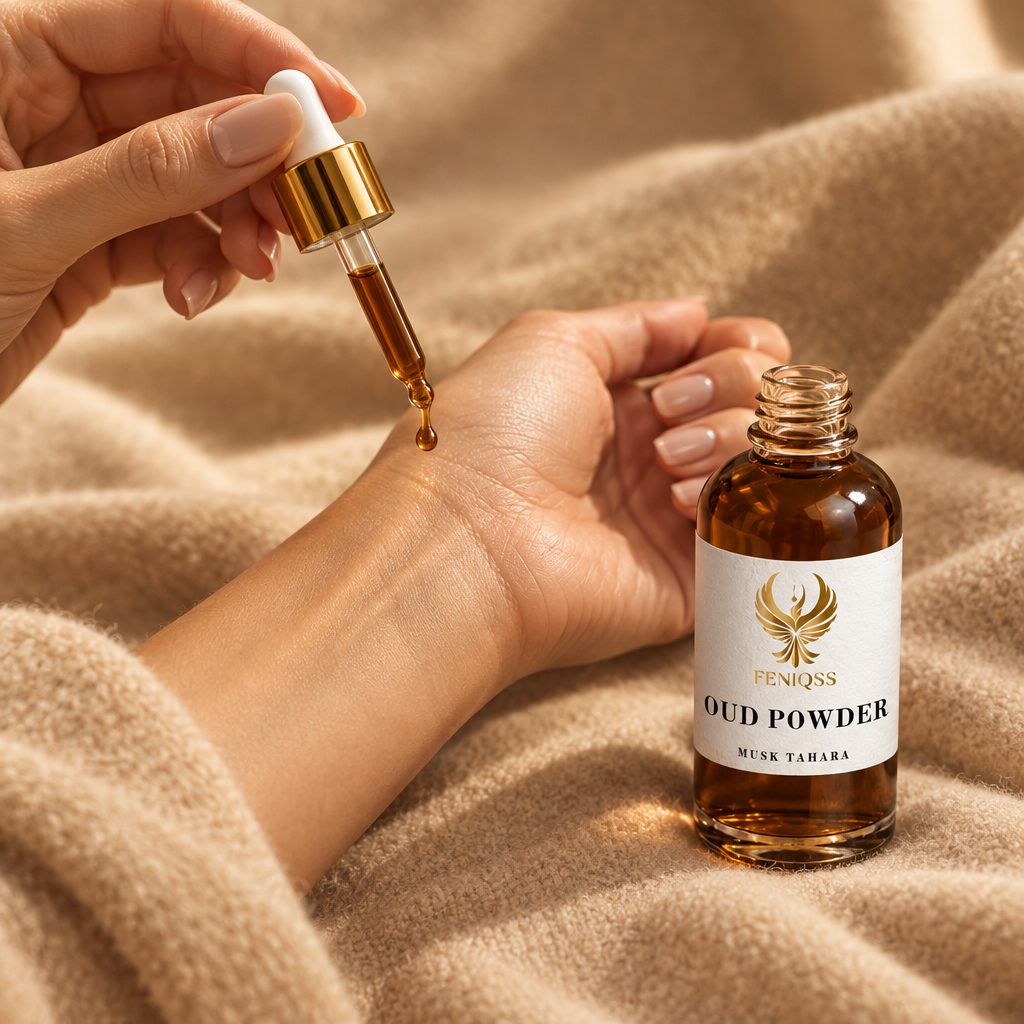 En droppe FENIQSS MUSK OUD POWDER på handleden