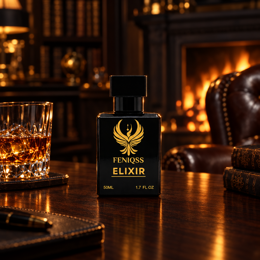 FENIQSS ELIXIR i ett herrbibliotek på kvällen