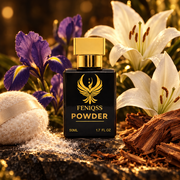 FENIQSS POWDER närbild med irisblommor och puderpuff