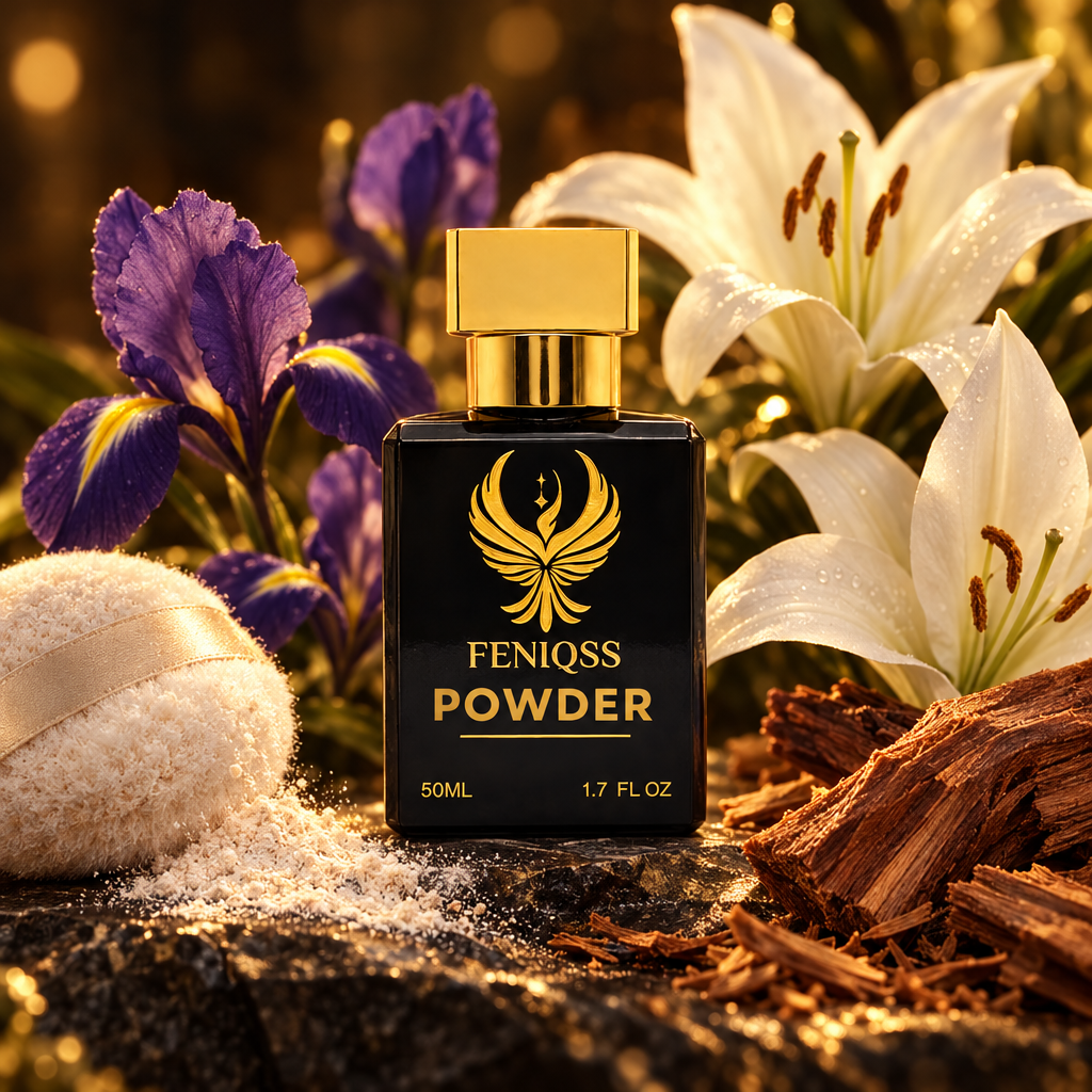 FENIQSS POWDER närbild med irisblommor och puderpuff