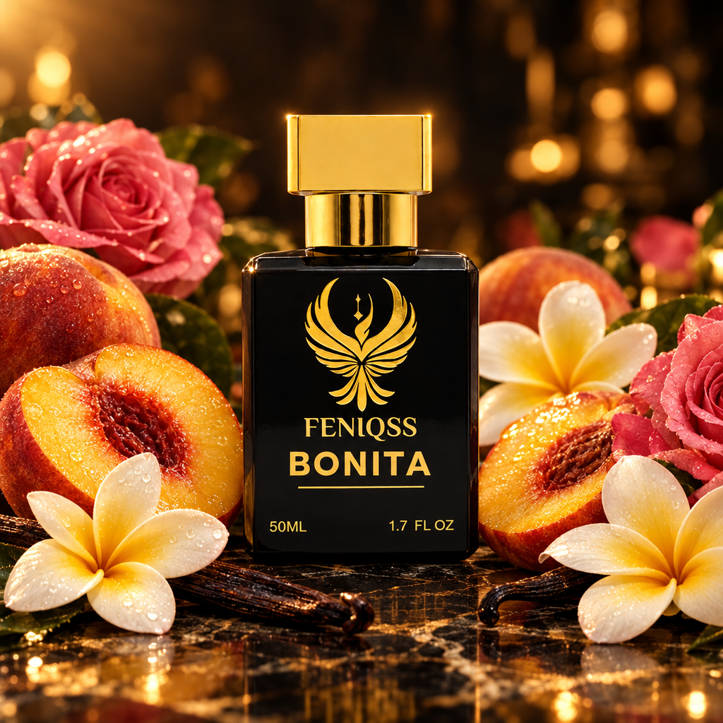 FENIQSS BONITA närbild med persikor och frangipani